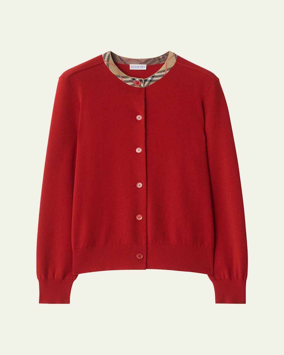 Margot Check-Trim Crewneck Cardigan